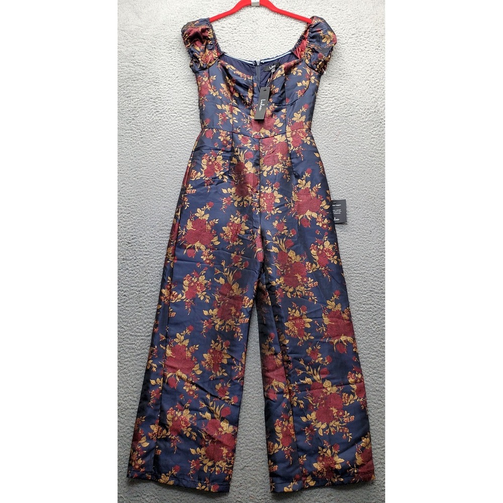Lulus Jumpsuit Women S Multi Floral Brocade Puff Sleeve Sweetheart Neck Back Zip